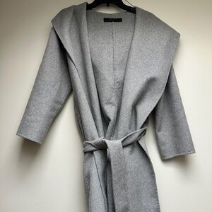 Zara Women's Grey Hooded Wrap Coat with Belt Closure